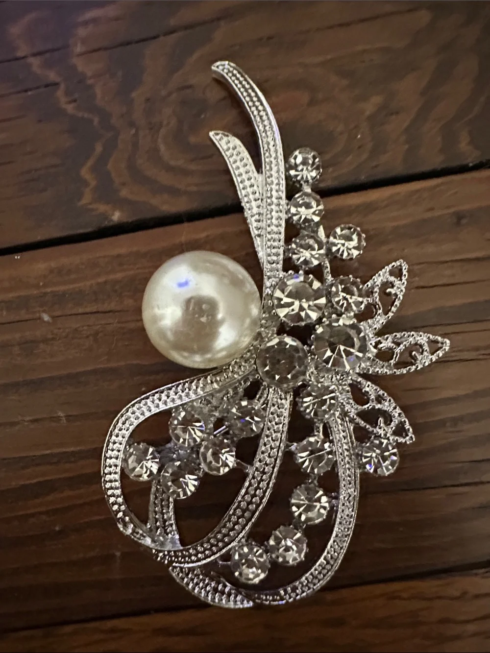 Crystal & Pearl Silver-Tone Floral Brooch